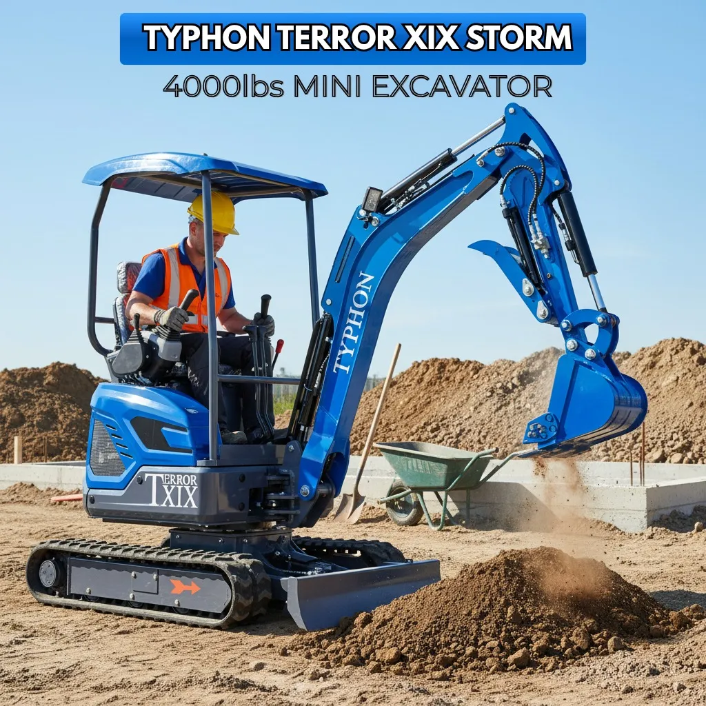 TYPHON TERROR XIX STORM Mini Excavator – 4000lbs Trench Digger with Boom Swing, Canopy, Retractable Tracks