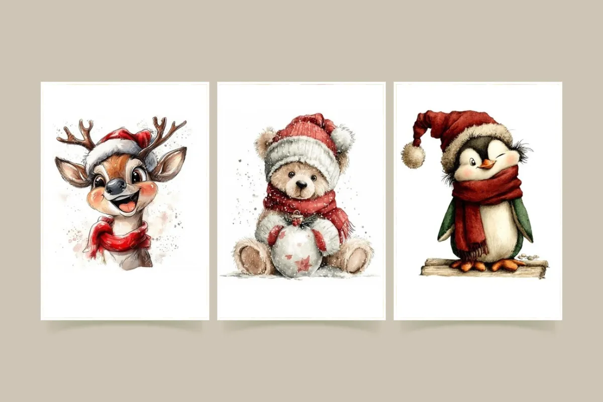 Affiches Noël Enfants – Renne, Ourson & Pingouin – Décoration Murale Hiver