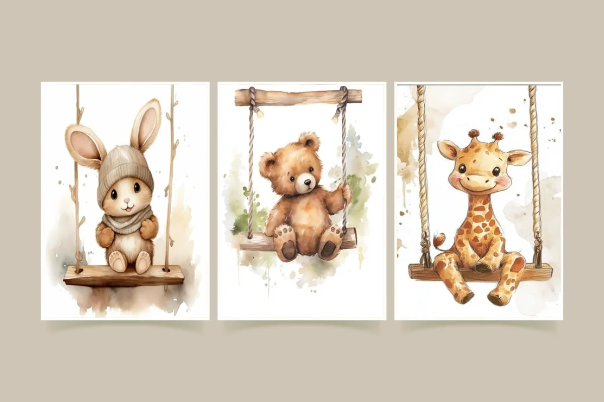 Décoration Chambre Enfants- Animaux Bébé – Lapin, Ours et Girafe sur Balançoire