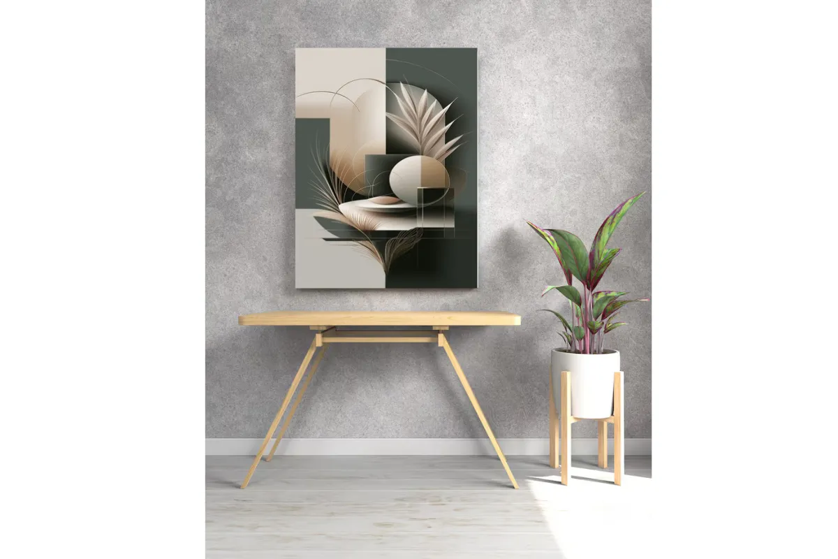 Tableau Murale Abstrait Élégant – Design Moderne en Tons Beige & Vert Sombre