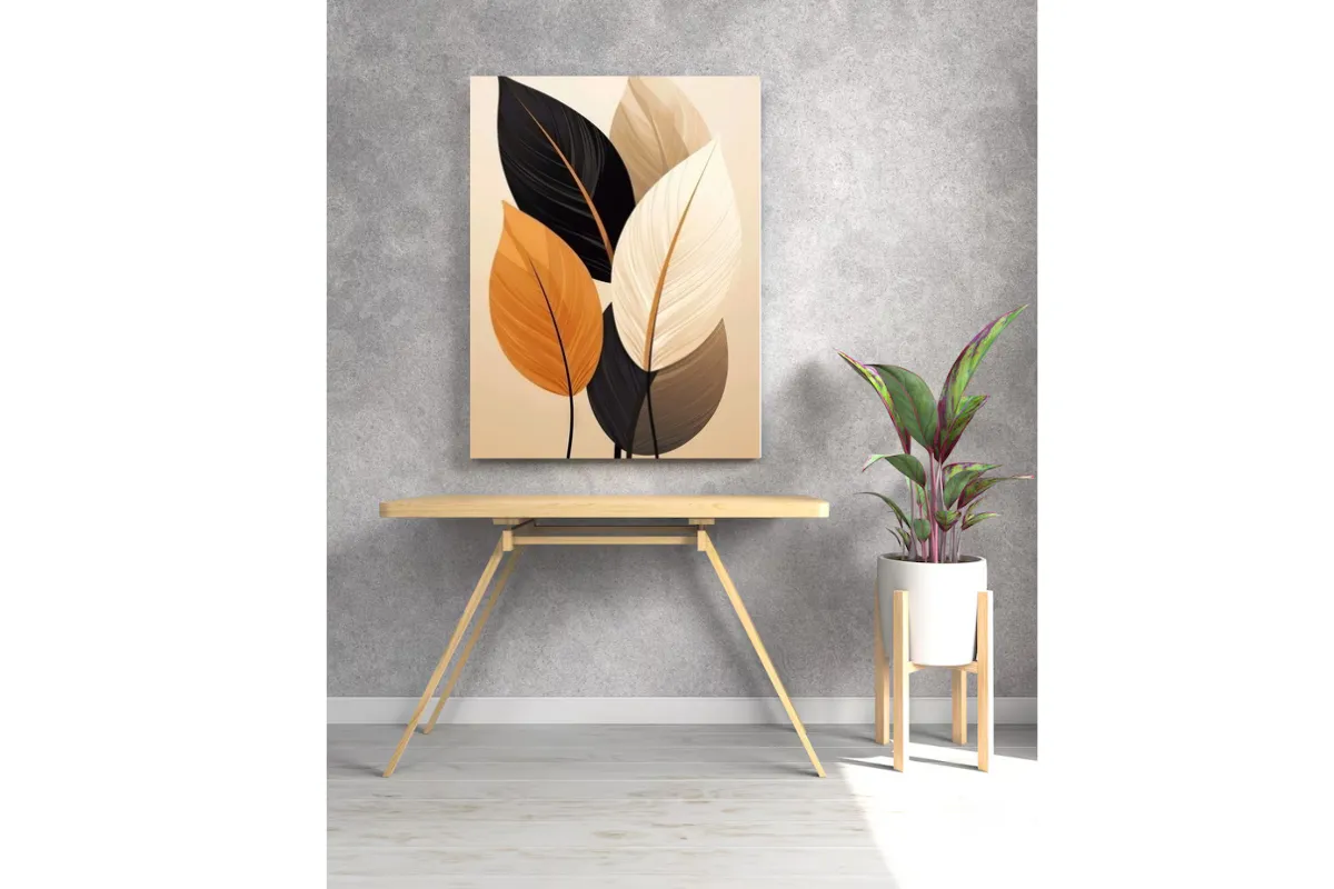 Tableau Moderne – Feuilles Élégantes en Tons Chauds
