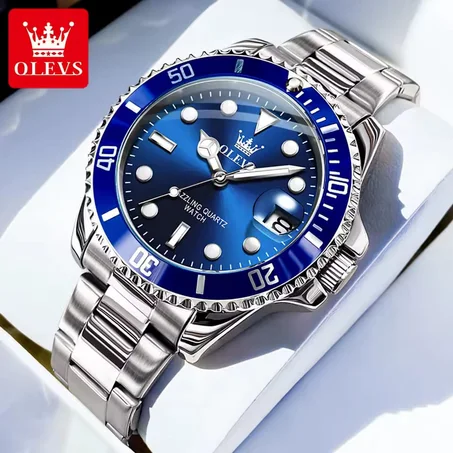 OLEVS 5885 Men's Watches Business Stainless Steel Strap Green Quartz Watch Waterproof Calendar Luminous High Quality Wristwatch