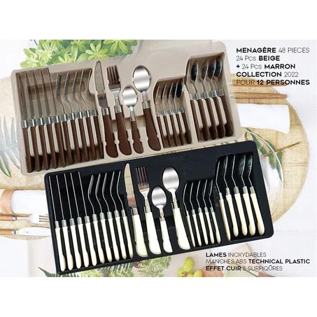 Ultra Design Ménagère INOX 48Pcs - Manche Effet Cuir + Surpiqûres - Marron/Beige