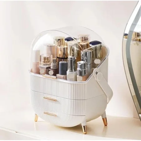 Organisateur de maquillage, présentoir à cosmétiques avec deux tiroirs, idéal pour une coiffeuse dans la chambre.