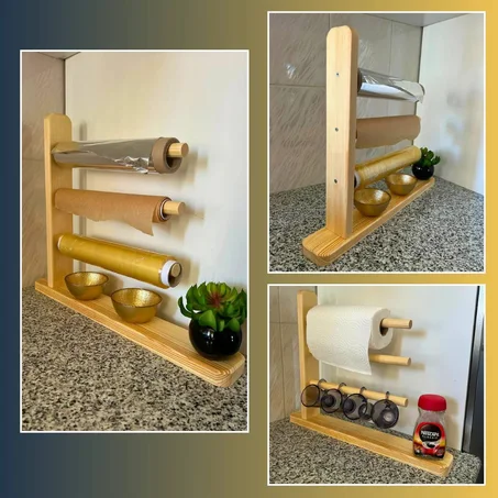 حامل اوراق المطبخ خشبي 3 في1  - porte rouleaux cuisine