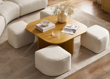 Ensemble Table Basse Gigogne et 4 Tabourets Poufs Intégrés - طاولة قهوة ياباندي مع 4 مقاعد بوكليه مدمجة لراحة واستغلال مثالي للمساحة