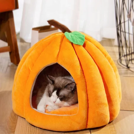 Maison pour chats en velours en forme de citrouille – lit-grotte doux et sécurisé pour chats - بيت قطط مخملي على شكل قرع – سرير كهف ناعم وآمن للقطط