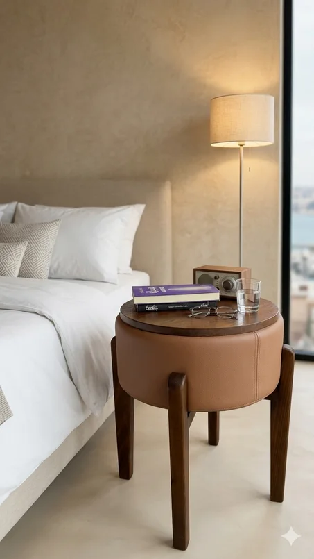 Tabouret en cuir et Table - Design Réversible 2-en-1 -- كرسي جلدي وطاولة - تصميم مبتكر مزدوج الاستخدام