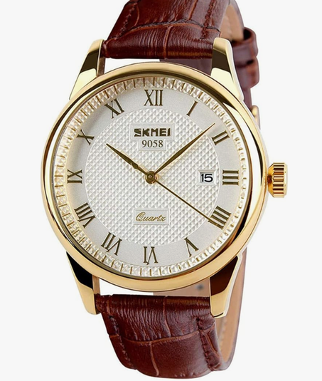 ساعة من أرابست للرجال، بمينا ذهبية وسوار بني، عرض تناظري مع تقويم وإضاءة