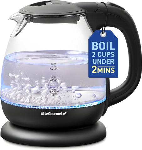 Electric 1.0L BPA-Free 1100W Glass Kettle Cordless 360° Base, Stylish Blue LED Interior, Handy Auto Shut-Off Function – Quickly Boil Water For Tea & More, Graphite Black