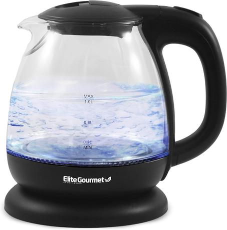 Electric 1.0L BPA-Free 1100W Glass Kettle Cordless 360° Base, Stylish Blue LED Interior, Handy Auto Shut-Off Function – Quickly Boil Water For Tea & More, Black