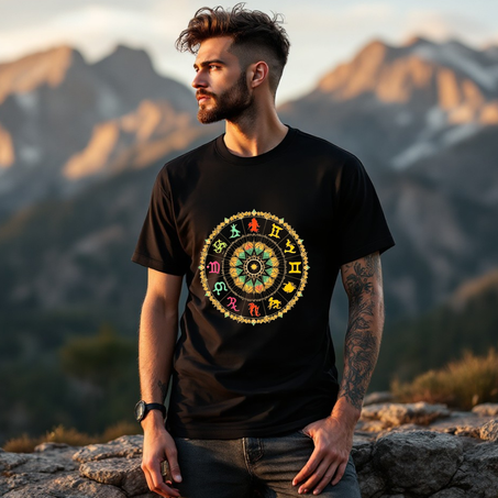 T-shirt Zodiaque Noir – Design Mandala Astrologique avec les 12 Signes du Zodiaque