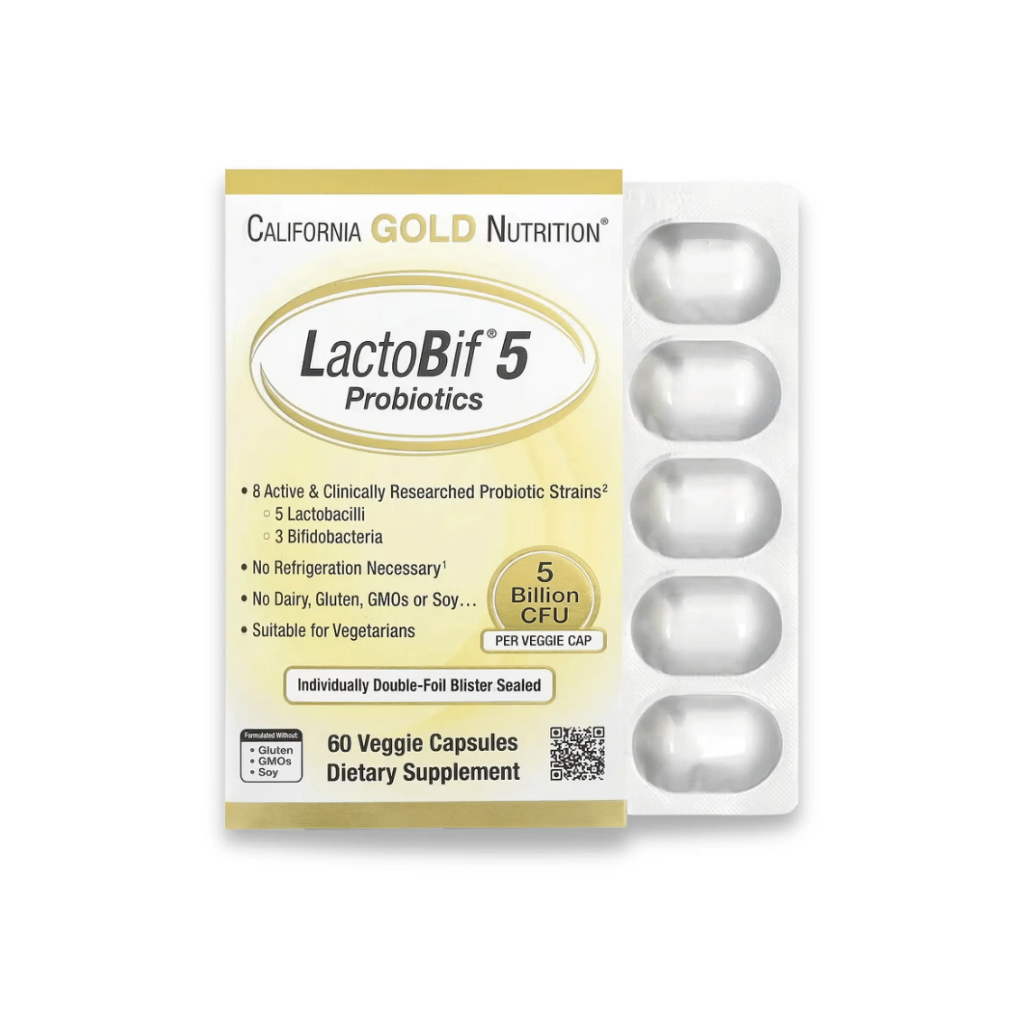 LactoBif® 5 Probiotiques 5 Milliards CFU – 60 Veggie Capsules - California Gold Nutrition