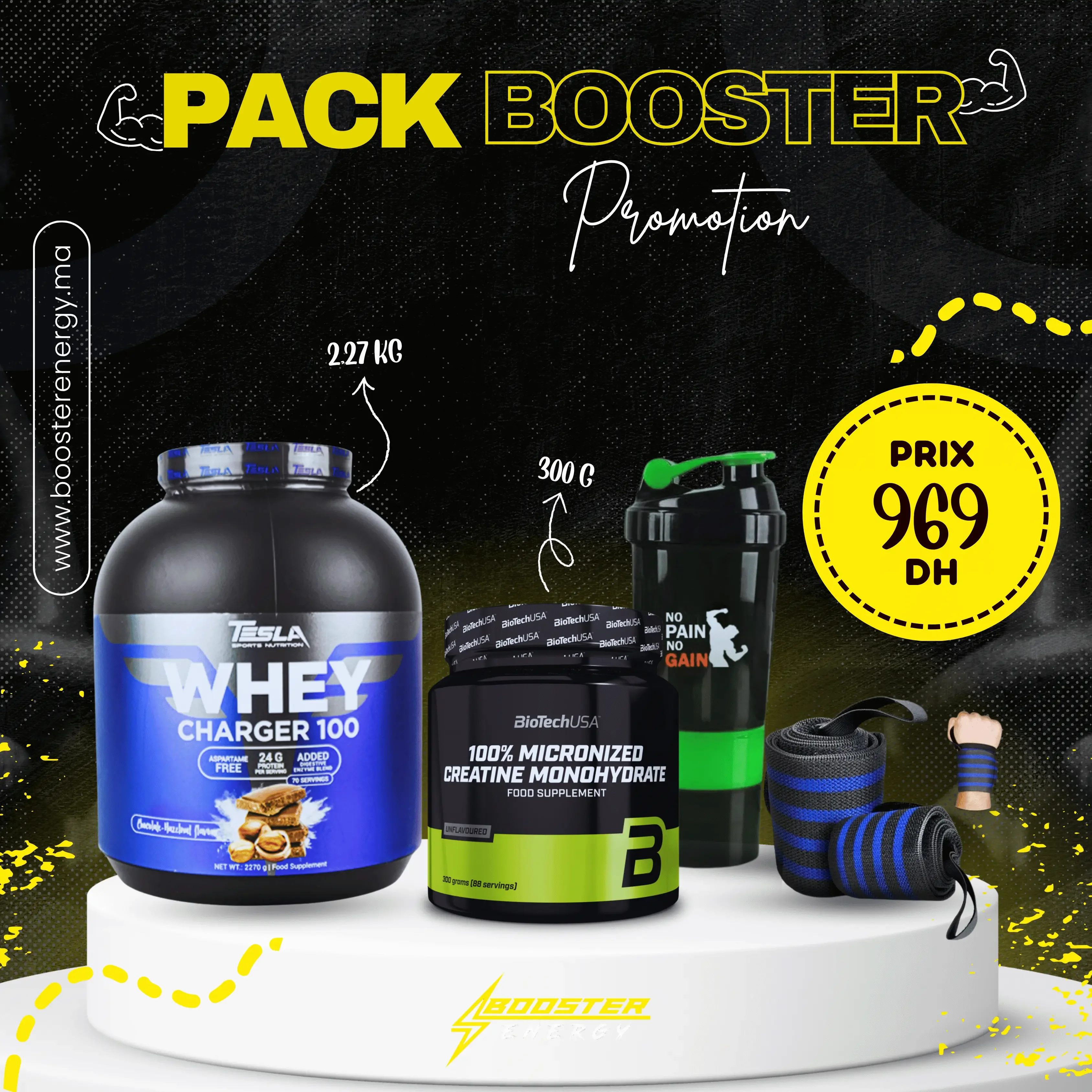 Pack Booster Promotion – Whey Charger 100 Tesla 2.27kg & Créatine Monohydrate BioTechUSA