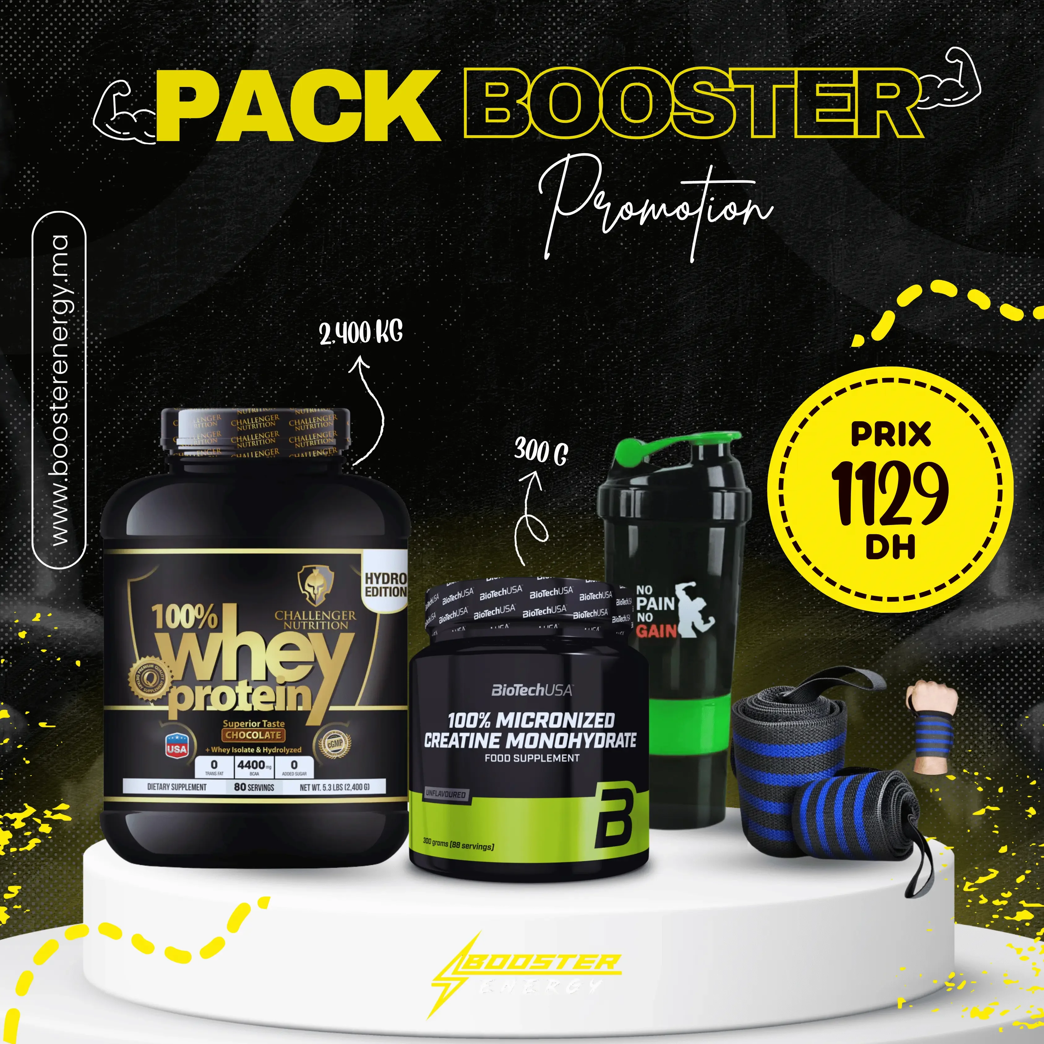 Pack Booster Promotion – 100% Whey Protein Challenger Nutrition & Créatine Monohydrate BioTechUSA
