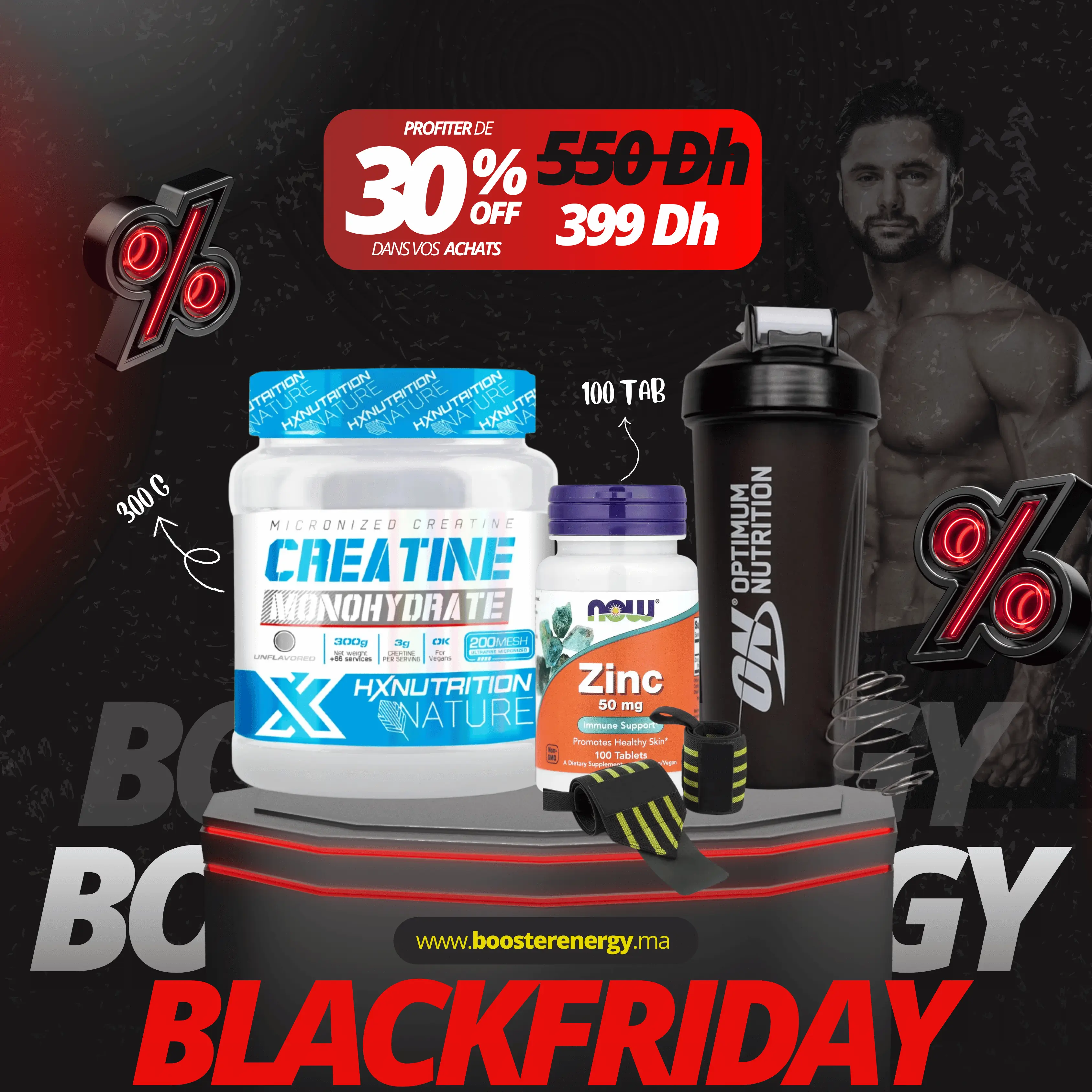 Pack Musculation Créatine HX 300g + Zinc + Shaker + Straps | Black Friday