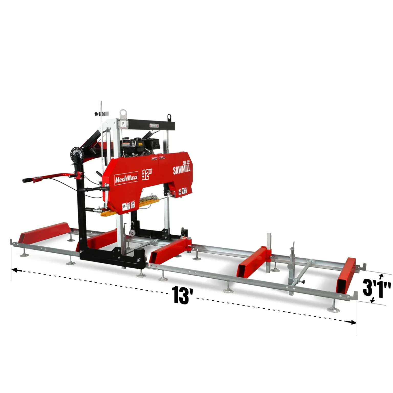 32″ Portable Sawmill, 420cc 15HP E-Start Gasoline Engine, 29″ Board Width, 13′ Track Length , SM32