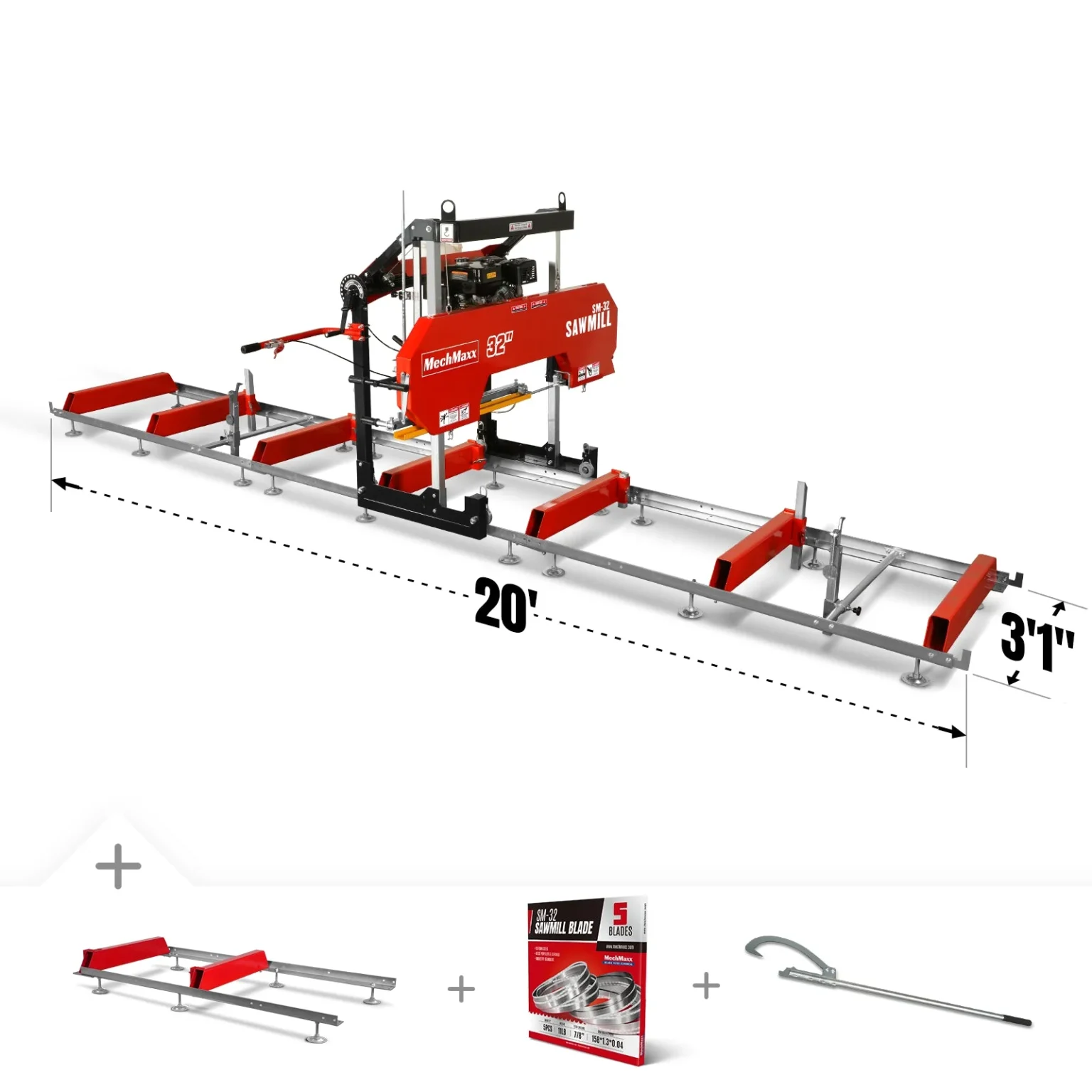 32″ Portable Sawmill (5 x Blades Included), 420cc 15HP E-Start Gasoline Engine, 29″ Board Width, 20′ Track Length (13′ Track Length + 6.6′ Track Extension Included) , SM32