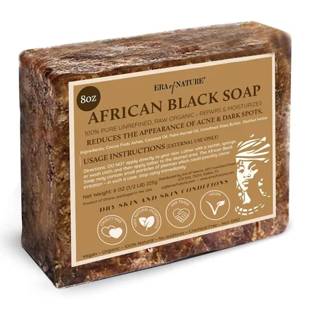 era of nature El mejor jabón negro africano orgánico crudo, para pieles secas y condiciones de piel. Ingredientes puros y naturales, importados de Ghana, 8 onzas