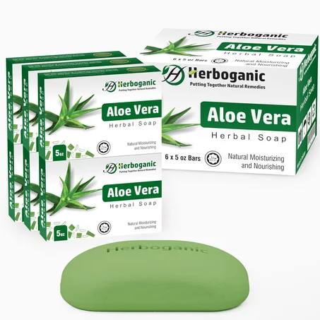 HERBOGANIC Jabón de hierbas de aloe vera, paquete de 6 barras de jabón de 5 onzas, ideal para hombres y mujeres, jabón calmante y nutritivo para hidratación
