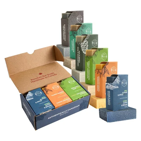 Crate 61 Organics, Hecho a mano en Canadá, jabón en barra natural de proceso frío a base de plantas, con aceites esenciales de primera calidad, piel seca, paquete de 6 (para él)