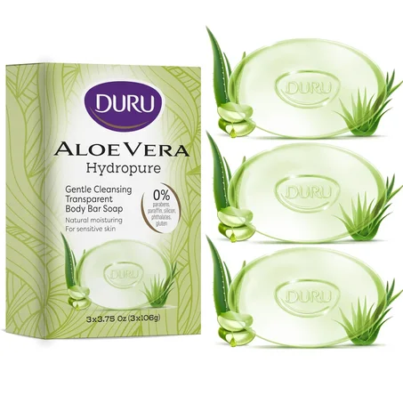 Duru Jabón en Barra de Glicerina de Aloe Vera - Barra Limpiadora Vegana Transparente Hidratante para Lavado de Piel Sensible para Mujeres y Hombres a Base de Plantas - Paquete de 3