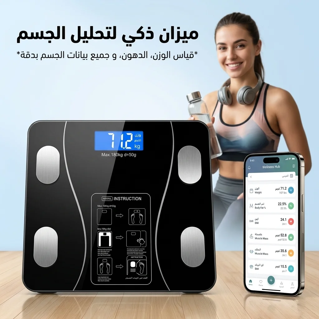 ميزان ذكي بتقنية البلوتوث لقياس الوزن ومؤشرات الجسم