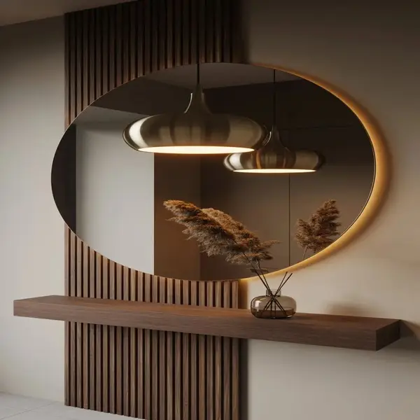 ديكور حائط خشبي فاخر مع مرآة عصرية أنيقة