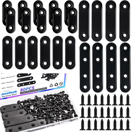 mxuteuk 86 piezas de soporte plano recto negro, soportes planos negros de acero inoxidable para madera, placa de reparación de metal con tornillos 1.417 in/1.811 in/2.205 in/2.992 in