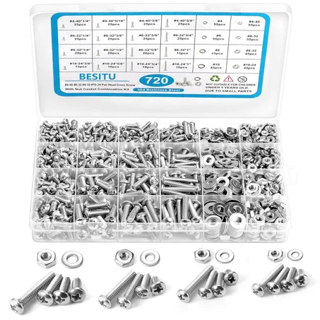 Kit surtido de tornillos de máquina de 720 piezas, #10-24#8-32#6-32#4-40 tornillos Phillips de cabeza plana con tuercas, pernos y arandelas planas surtidas, kit de tornillos de acero inoxidab