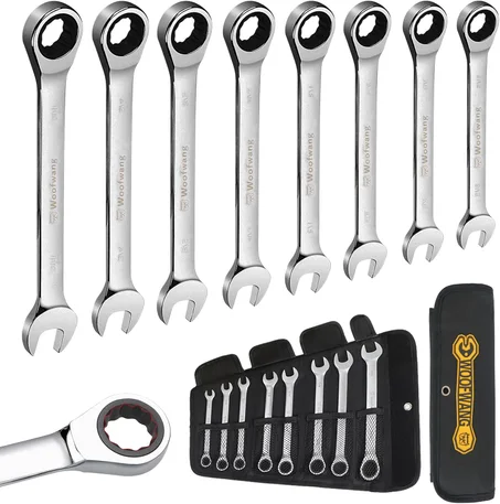 Juego de llaves combinadas de trinquete de 8 piezas, acabado plateado mate, SAE 5/16-3/4 pulgadas, engranajes de trinquete de 72 dientes, arco oscilante de 5°, diseño de dientes antideslizant