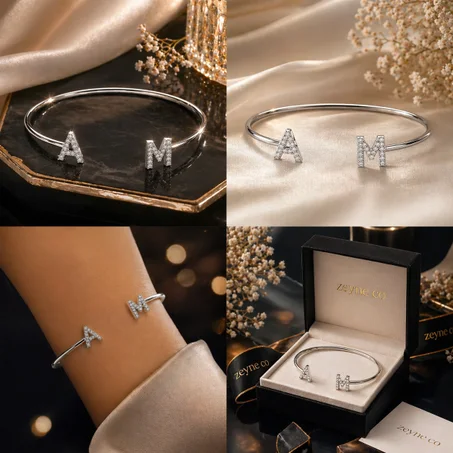 Bracelet Jonc Personnalisé Initiales – Argenté Zircon