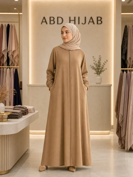 حجاب دنيا 🤍حجاب سامپل بتصميم عملي مع سلسلة أمامية للفتح من الأسفل إلى الأعلى، جيوب مريحة وقماش عالي الجودة متوفر بألوان متعددة