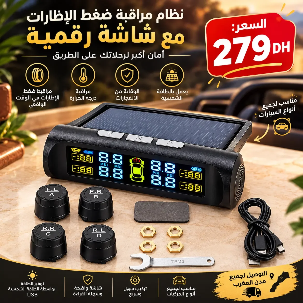 جهاز مراقبة ضغط وحرارة عجلات السيارة الذكي بالليزر والشحن الشمسي – 4 حسّاسات خارجية