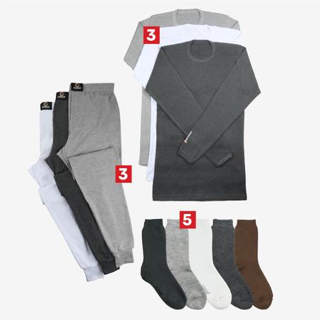 Pack Coton 3 Sous pulls + 3 Sous pantalons + 5 Chaussettes Chaudes Homme
