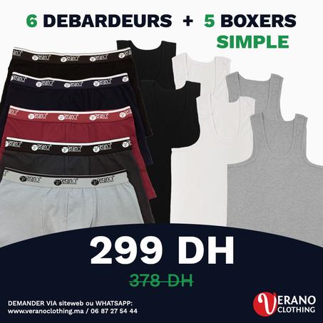 VERANO Pack sous-vêtements pour homme (6 Débardeurs + 5 Boxers simple avec bande) COTON DOUX