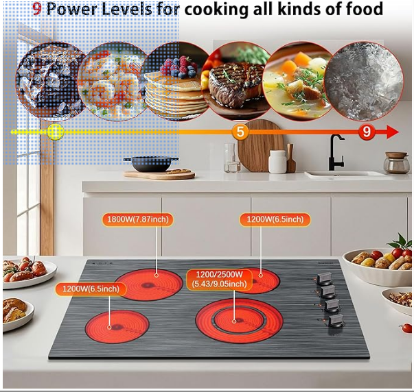 موقد كهربائي من كارينير بأربع شعلات، 30 بوصة، مقبض التحكم في الموقد الكهربائي، موقد سيراميك كهربائي مدمج مع سطح زجاجي منقوش جميل، 6700 واط،... اللون:نمط خشبي46703-208 الحجم: 30 بوصة
