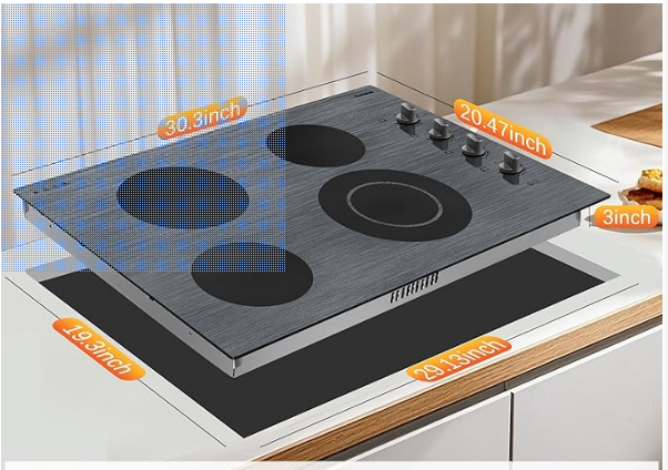 موقد كهربائي من كارينير بأربع شعلات، 30 بوصة، مقبض التحكم في الموقد الكهربائي، موقد سيراميك كهربائي مدمج مع سطح زجاجي منقوش جميل، 6700 واط،... اللون:نمط خشبي46703-208 الحجم: 30 بوصة