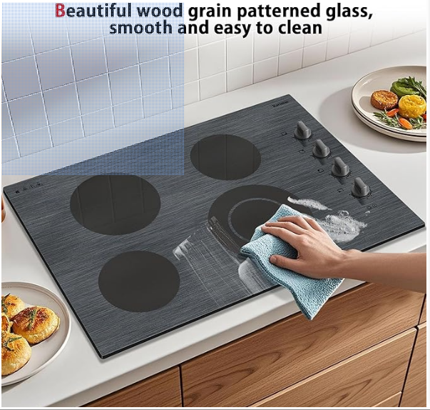 موقد كهربائي من كارينير بأربع شعلات، 30 بوصة، مقبض التحكم في الموقد الكهربائي، موقد سيراميك كهربائي مدمج مع سطح زجاجي منقوش جميل، 6700 واط،... اللون:نمط خشبي46703-208 الحجم: 30 بوصة