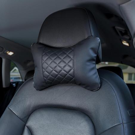 Juego de 2 almohadas acolchadas de piel sintética para reposacabezas de automóvil, funda negra/rosca negra, soporte ergonómico para el cuello para una conducción cómoda