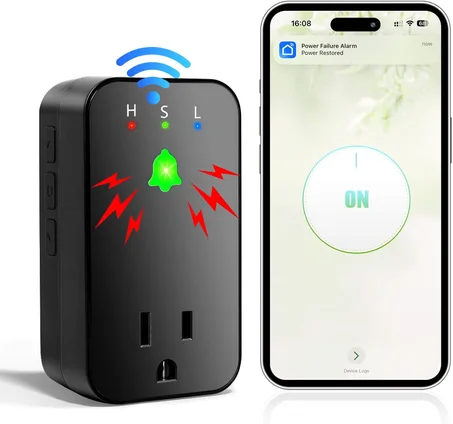Alarma de falla de energía WiFi, congelador fuerte de 110 dB alarma inteligente de corte de energía con indicador LED, 3 niveles de volumen y detección de voltaje, expansión de enchufe, alert