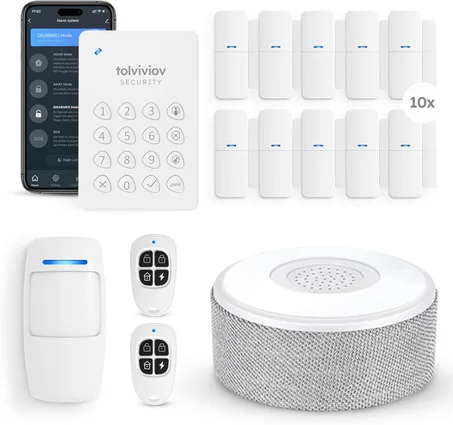 tolviviov Sistema de Alarma para Seguridad del Hogar, Sistemas de Alarma de Puerta, Alertas de Aplicación, Kit de 15 Piezas, Sin Cuota Mensual, Alarma WiFi, Sensor de Movimiento de Puerta y V