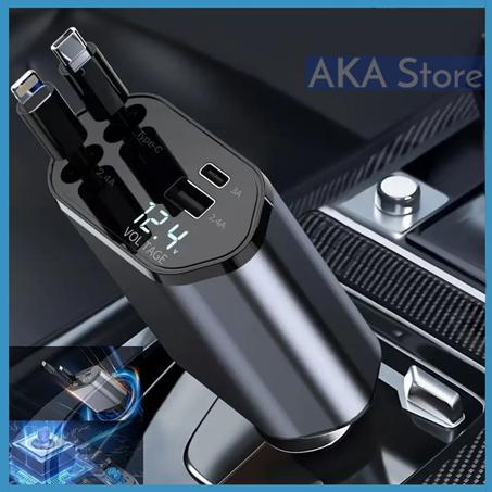 شاحن سيارة سريع  4 في 1 مع كابلين ومنفذين UCB، متوافق مع أجهزة الأيفون و الأندرويد