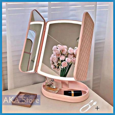 مرآة مستحضرات التجميل الذكية ، ثلاثية الطي بإضاءة ناعمة و بدوران 360 درجة
