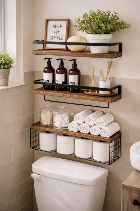 مجموعة من 3 أرفف جدارية عائمة من الخشب والمعدن