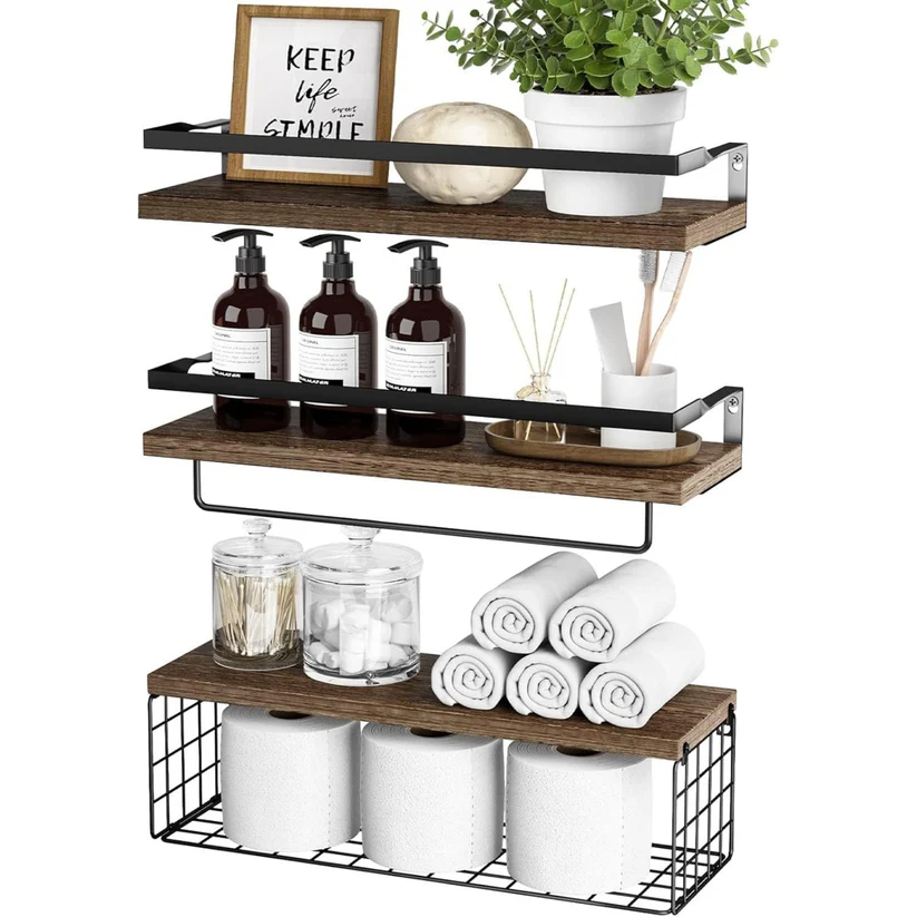 أرفف جدارية عائمة من الخشب والمعدن (3 قطع)