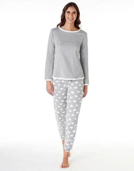 Pyjama femme long en coton interlock, gris mélangé avec imprimé
