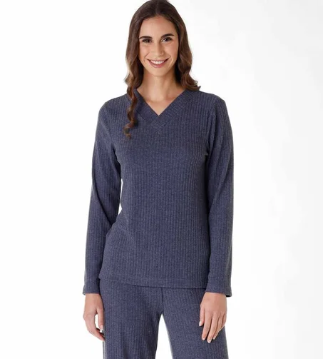 Pyjama long pour femme en côtes chaudes bleu gris