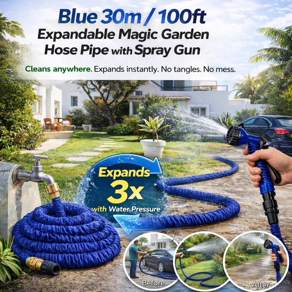 Blue 30m / 100ft Expandable Magic Garden Hose Pipe with Spray Gun