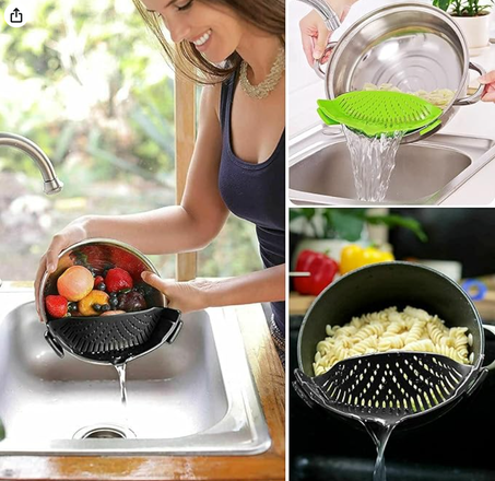 مصفاة سيليكون بمشبك تثبيت للمكرونة واللحوم والخضروات والفواكه - تناسب جميع الاواني والاوعية